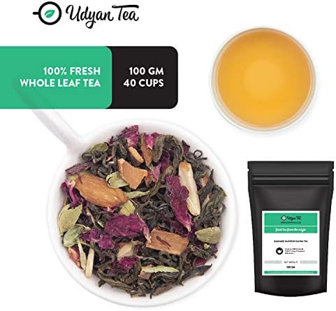 Udyan Kashmiri Saffron Kahwa Tea, 3.5 oz (40 cups) | Original Indian Tea Recipe | Green tea with Saffron, Indian Spices, Rose & Almonds | 100% Natural Ingredients | Loose Leaf Tea in Vacuum Pouch