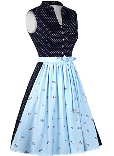 OTEN Women's Midi Dirndl Dress Rockabilly Cocktail Polka Dot & Blue Floral