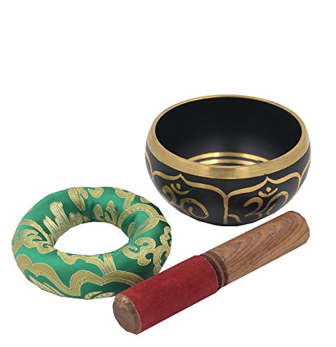 DharmaObjects Relaxing Yoga Meditation Om Peace Singing Bowl / Silk Cushion / Rosewood Mallet Set (Medium, Black)