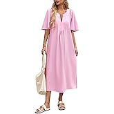 Wenrine Womens Flutter Short Sleeve Maxi Dress Casual V Neck Side Slit Pleated Loose Flowy Summer Dresses