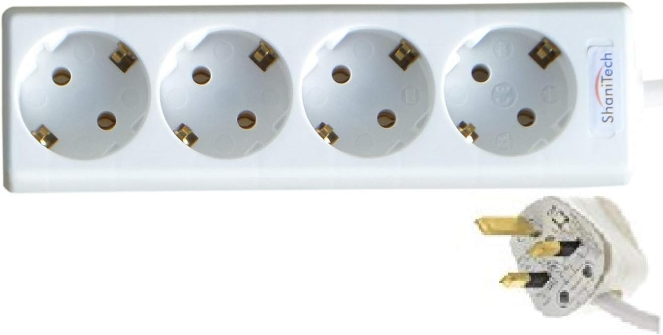 ShaniTech Europe to UK Travel Adaptor 4 Way Gang 2M White - Refer to Product description for Country list
