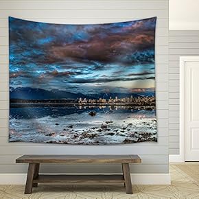 Reflection of Vancouver Skyline and Dramatic Blue Sky - Fabric Wall Tapestry Home Decor - 51x60 inches