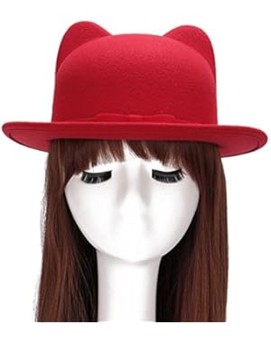 Womens Woolen Lovely Cat Ears Bucket Hat Cloche Top Hat With Bowtie Winter boonie Bowler Hat 4 Colors