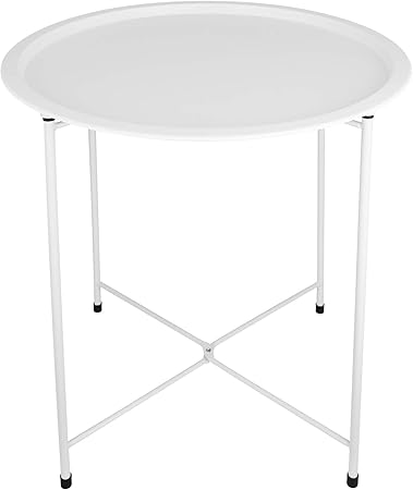 Amazon De Tw24 Beistelltisch Metall Rund Weiss Mit Tablett Balkontisch Metalltisch Klapptisch Gartentisch Couchtisch