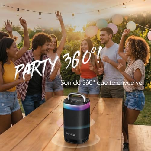 Aiwa Bocina Portátil Bluetooth TWS, Potencia 600W PMPO (60W RMS), Party 360°, Sonido Envolvente, Resistencia al Agua IPX5, Luz LED Multicolor, Batería Recargable y Función de Carga, AWS68BT