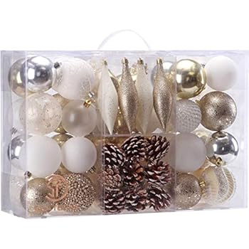 Sea Team 73 Pieces of Assorted Shatterproof Christmas Ball Ornaments Set Seasonal Decorative Hanging Ornament Set with Reusable Hand-held Gift Package for Holiday Xmas Tree Decorations, Gold & White