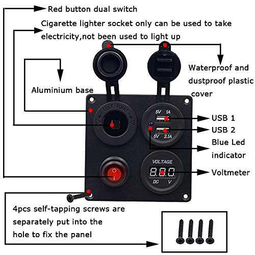 TURN RAISE Dual USB Charger Aluminum Switch Panel + LED Voltmeter + 12V Power Socket + ON-Off Button Switch Four Hole Panel for Car Boat Marine Truck Motorcycle RV ATV Vehicles GPS Mobile Phone