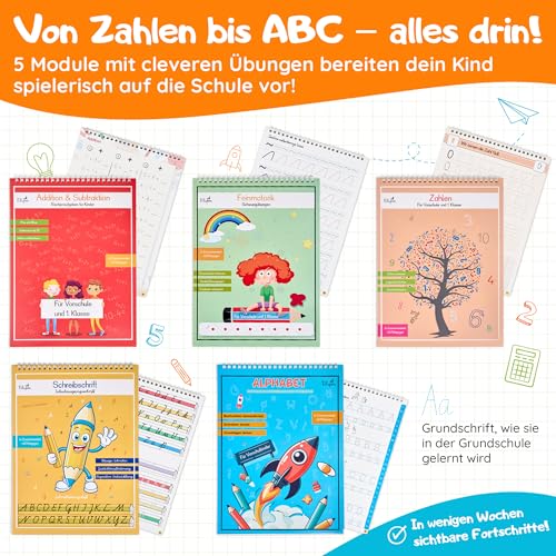 Filapen Magic Preschool Books from 4 Years - 5 Exercise Books + Pen (Reusable) - Learn to Write & Calculate, Practice Letters & Numbers - For Left-Handed and Right-Handed Users