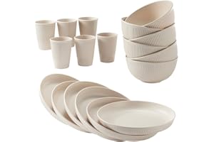 18pcs Wheat Straw Dinnerware Sets HXYPN Unbreakable Reusable Dinnerware Set Kitchen Cups Plates and Bowls Sets Dishwasher Mic