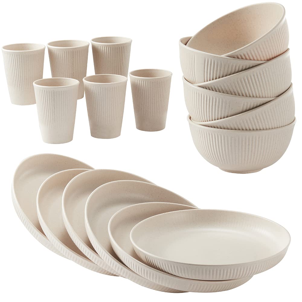 Photo 1 of 18pcs Wheat Straw Dinnerware Sets HXYPN Unbreakable Reusable Dinnerware Set Kitchen Cups Plates and Bowls Sets Dishwasher Microwave Safe Plates