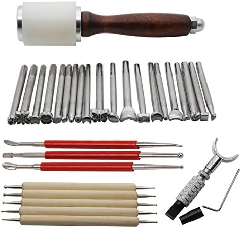 EVNSIX 20pcs Leather Carving Working Saddle Making Tools Set DIY Hammer Swivel Knife Leather Craft Modelling Pen &amp; Dual Tipped Leather Craft Tool Modeling Point Pen