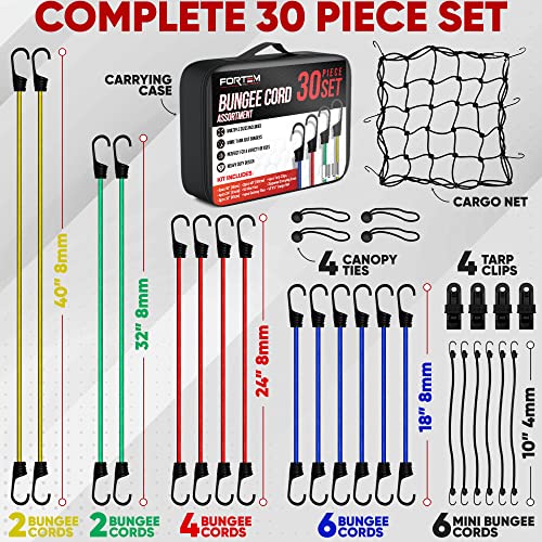 FORTEM Bungee Cord Assortment, 30pk Bungee Cords Multi Pack, Includes