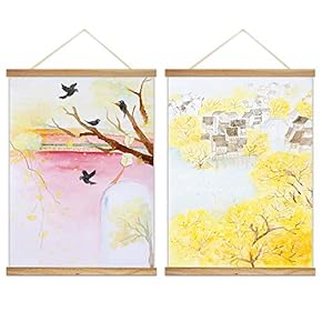 2 Panel Hanging Poster with Wood Frames - Chinese Ink Painting Ancient Style Houses in Spring - Ready to Hang Decorative Wall Art - 18"x24" x 2 Panels
