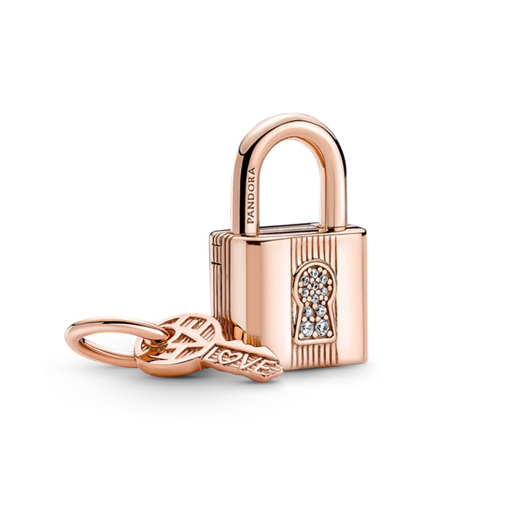 PANDORA Padlock & Key Dangle Charm - 14k Rose Gold & Cubic Zirconia Bracelet Charm Compatible Me & Moments - Gift for Her - No Box