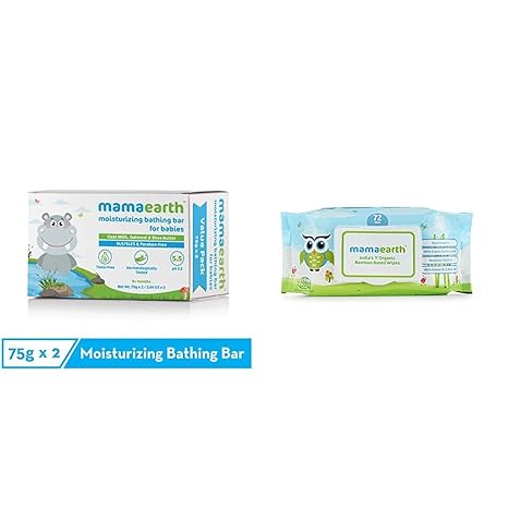 Mamaearth Moisturizing Baby Bathing Soap Bar pH 5.5 with Goat Milk and Oatmeal, 75g (Pack of 2) & Mamaearth Indias First Organic Bamboo Based Baby Wipes (72 Wipes)
