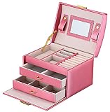 Goldwheat Jewelry Box with Lock and Mirror Lockable Travel Jewelry Organizer Gift for Women, Pink