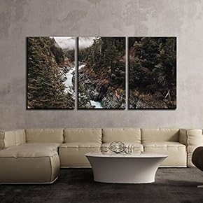 3 Piece Canvas Wall Art - Autumn Landscape with River Travelling Through Mountain - Modern Home Art Stretched and Framed Ready to Hang - 16"x24"x3 Panels