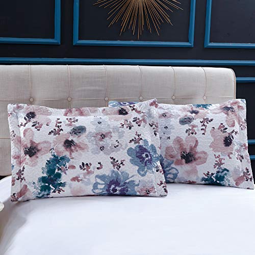 Pink Blue Floral Quilt Set Full/Queen Size Flower Bedding Set Lightweight Summer Bedspread Coverlet with Sham for Kids Teens Adults (1 Quilt+2 Pillow Sham)