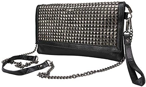 Chikencall Envelope Clutch Black Punk Skull Handbag Studded Leather Purse Crossbody Bag Wallet with Two Straps