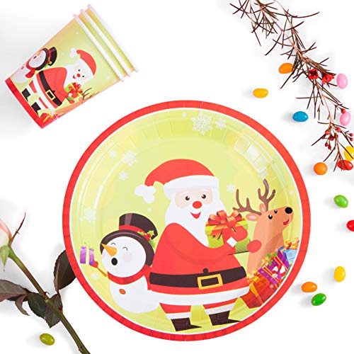 PartyFun Christmas Paper Plates Disposable Dinnerware Set Christmas Party Supplies Set Christmas Party Decoration Includes Paper Plates, Paper Cups, Napkins, Banner - Serves 24(Style 2)
