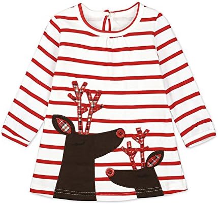 Kids Girls Cotton Dress - Baby Autumn Striped Clothes Christmas Deer Printed Long Sleeves Xmas Outfits for 9-12 Months