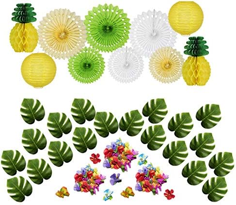 QUANAGOL Hawaiian Party Decorations Luau Tropical Pineapple Theme Party Supplies Kit,Tissue Paper Pineapple Honeycomb, Artificial Palm Leaves, Hibiscus Luau Flower, Paper Lantern, Paper Fan