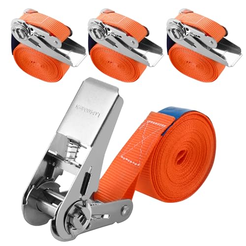 Set of 4 Ratchet Straps without Hook, 4 m x 25 mm Fixing Straps, Can Hold 800 kg, According to DIN EN 12195-2 Standard, Ratchet Strap for Trolley Suitcases for Motorcycles (Orange)