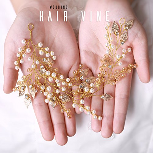 Yean Gold Wedding Headband Leaf Rhinestones Tiara Bridal Hair Vine Wreath