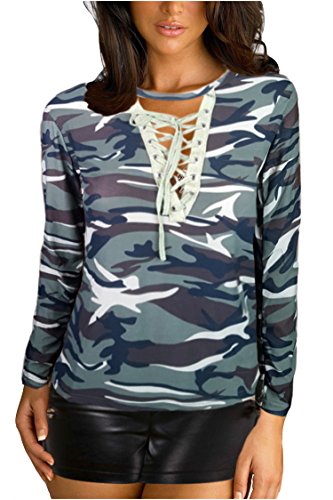 Bincout Meerore Womens Sexy Tshirt Leopard Camouflage Print Long Sleeve Blouse Top Army Green S