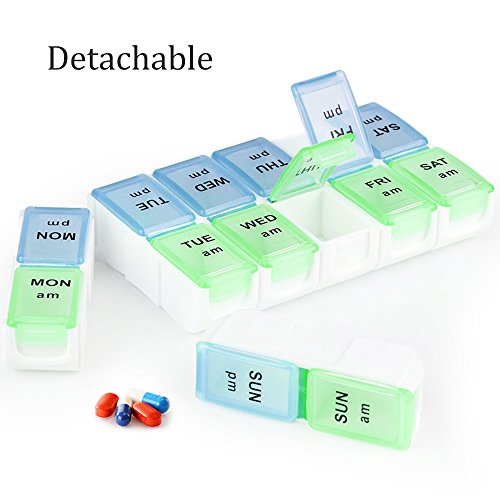 Pill Organizer, E-Crazy Pill Box Twice-a-Day, Weekly Pill Planner with Detachable Compartments, can be Detached as Daily Pill Box, AM PM Pill Organizer (Green)