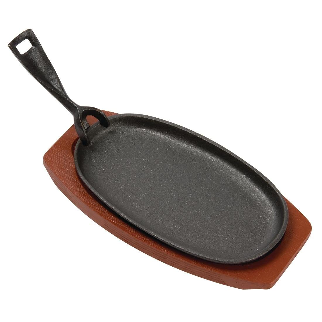 Olympia Cast Iron Oval Sizzler with Wooden Stand 240mm, Black & Brown, Size: 240(W) x140(D) mm, Non Stick Dish When Seasoned - Ideal for Steak, Stir Fry, Fajitas & Curries, F464