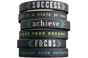 Inkstone 6-pack - Success, Achieve, Focus - Motivational Silicone Wristbands with Inspirational Messages - Adult Unisex Size for Men Women
