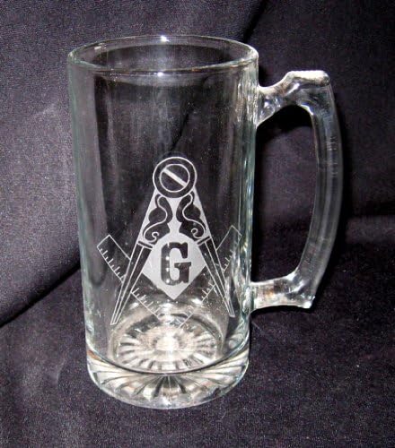 25 OZ Etched Glass Sport Stein Masonic Square and Compass