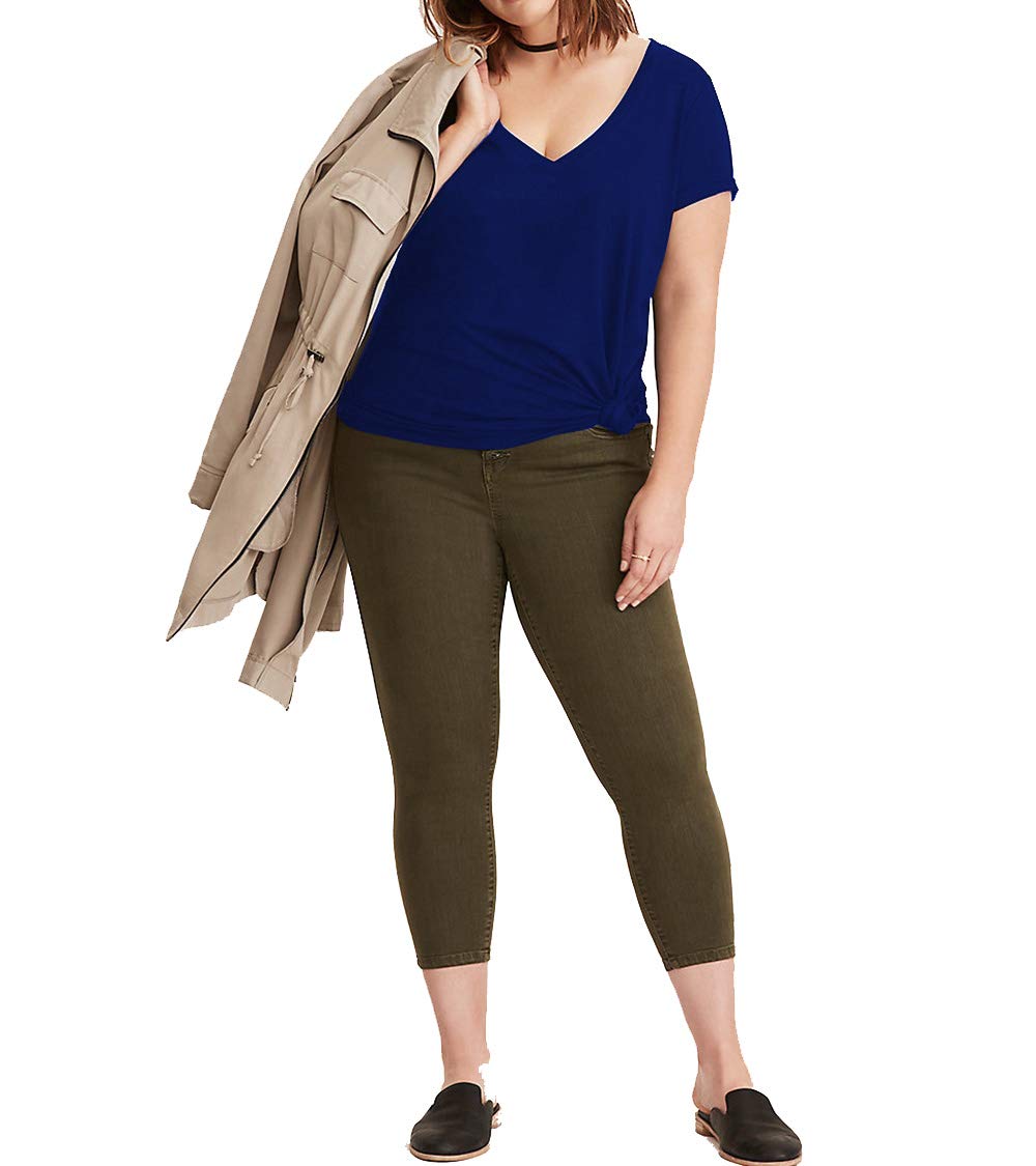 ChongErfei Women Solid Color Loose Fit Short Sleeve V Neck Lightweight Top Tee Navy Blue