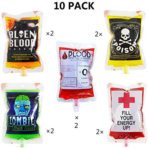(10 Packs 5 Patterns) Halloween Blood Bag for Drinks Fantastic Halloween Party Cups Blood Container For Terror Party Novelty Zombie Halloween Drink Bag