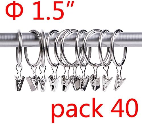 Jund Curtain Rings, Rings with Clips, Metal Curtain Clip Rings 1.5 inch Inner Diameter, Set Of 40, Silver