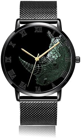 Whiterbunny Customized Rhino Head Wrist Watch Unisex Analog Quartz Fashion Black Steel Strip for Women and Men