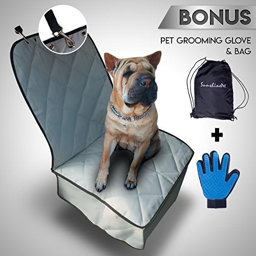Pet Car Seat Protector For Dog, Fully Waterproof &amp; Non-Slip Rubber Backing With Anchor For Secure Fit, Front Gray Quilted Durable Design, Dog Bench Cover For Truck &amp; Suv W/ Free Pet Grooming Glove