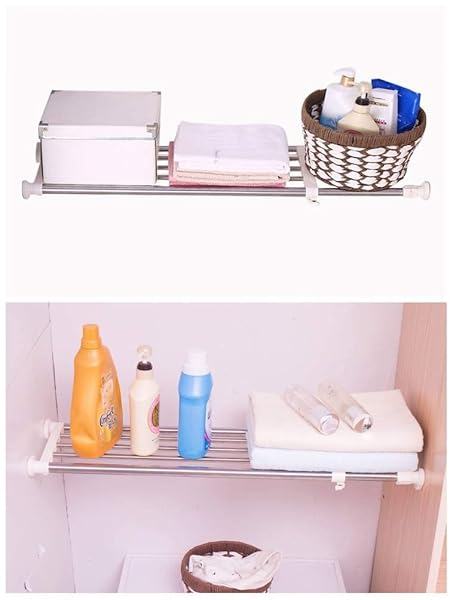 BAOYOUNI EXPANDABLE CLOSET TENSION SHELF ROD ORGANIZER ADJUSTABLE STORAGE RACK HEAVY DUTY CLOTHES HANGER METAL SPACE SAVING DIVIDER FOR BATHROOM KITCHEN CUPBOARD WARDROBE BOOKSHELF 32”-46”, IVORY