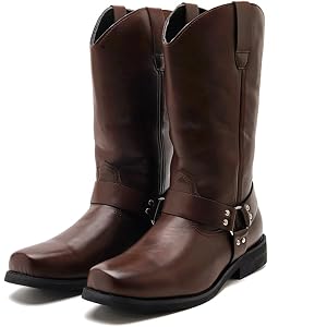 Men's Black Square Toe Mid Calf Western Cowboy Boots, Metal Rivet Harness Strap Pull On Motorcycle Riding Boots Low Block Hee