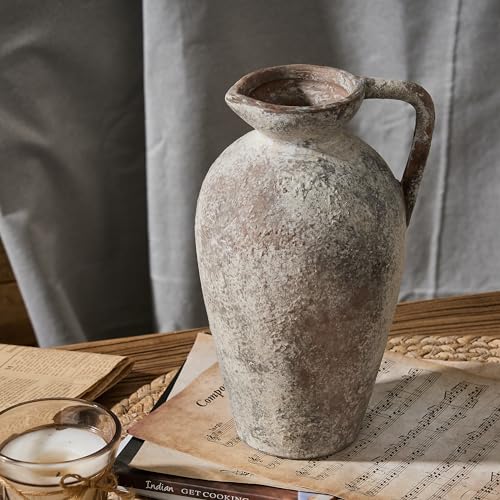 PORCER 9.3 Inch Antique Ceramic Vase, Terracotta Vase with Handle, Tuscan Decor Farmhouse Decorative Vase, Rustic Vase for Home Decor, Living Room, Entryway, Wedding - Distressed Design, Gray