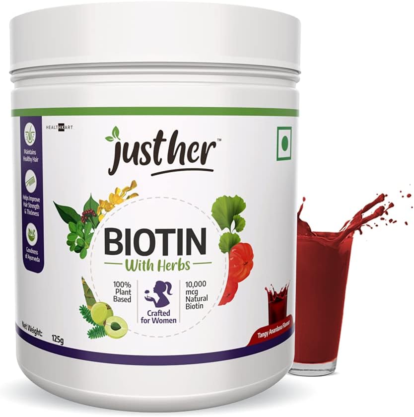 JustHer Biotin with Herbs (15 Servings) | 10000 mcg Natural Biotin, Biotin Supplement for Hair Growth |100% Plant Based Biotin with 7 Herbal Extracts and Goodness of Ayurveda | (Tangy Anardana, 125 g)