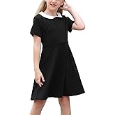 GORLYA Girl's Short Sleeve Casual Vintage Collar Fit and Flare Skater Party Dress with Pockets 4-12 Years