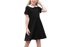 GORLYA Girl's Short Sleeve Casual Vintage Peter Pan Collar Fit and Flare Skater Party Dress with Pockets 4-12 Years