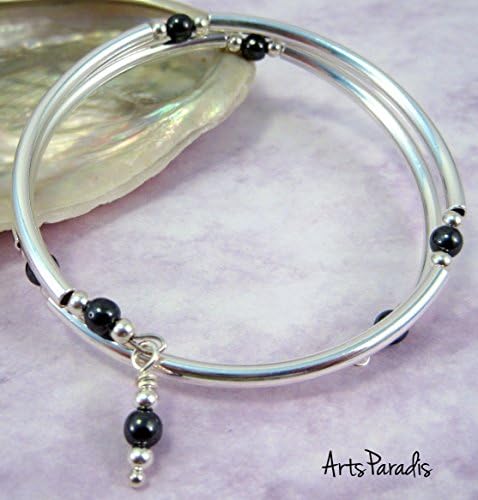 Black Hematite Natural Stone and Sterling Silver-Plated Wrap Bracelet by ArtsParadis