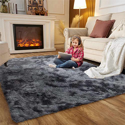 ASIinnsy Living Room Rug, Long Hair, Shaggy Modern Large Grey Rug, Non-Slip Soft, for Bedroom, Dining Room, Plush Rug (250 x 300 cm, Grey Black)