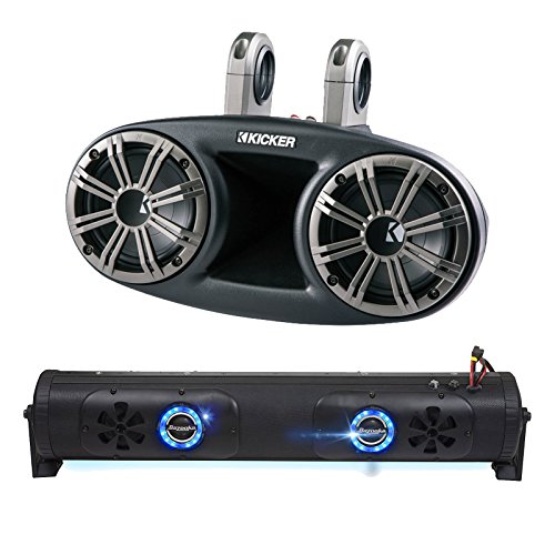 Audio Package: Bazooka 24" Double Sided Bluetooth Party Bar with LED Illumination System, 4X Kicker 6.75" 300 Watts Peak 150 Watts RMS Marine Boat Wakeboard Tower Speakers with Dual Mounting Option