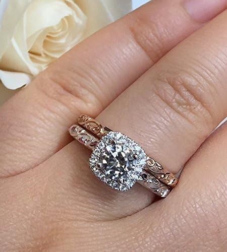 Diamond Engagement Set, 14k White solid gold, Cushion Diamond Halo Wedding Band And Engagement Ring, Diamond Alternative Engagement Rings,ready To Ship, Size 6.5