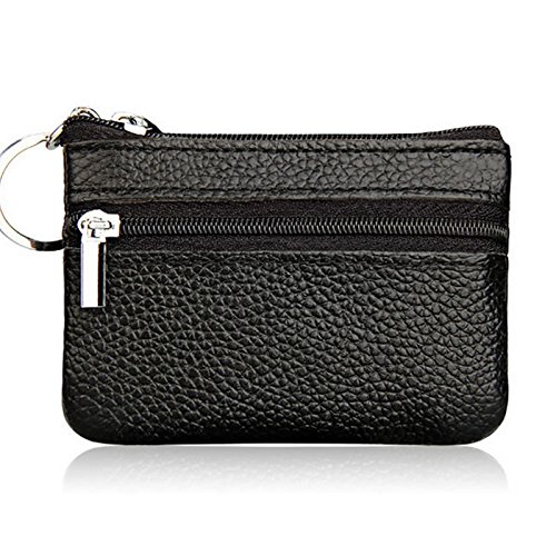 Dabixx Soft Men Women Card Coin Key Holder Zip Genuine Leather Wallet Pouch Bag Purse Black