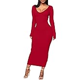 BestGirl Women's Sexy Ribbed Sweater Dresses Bodycon V Neck Off Shoulder Long Sleeve Lightweight Knit Midi Dress